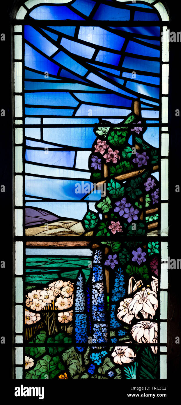 Modern stained glass in St. Michael`s Church, Sutton Bonington, Nottinghamshire, England, UK